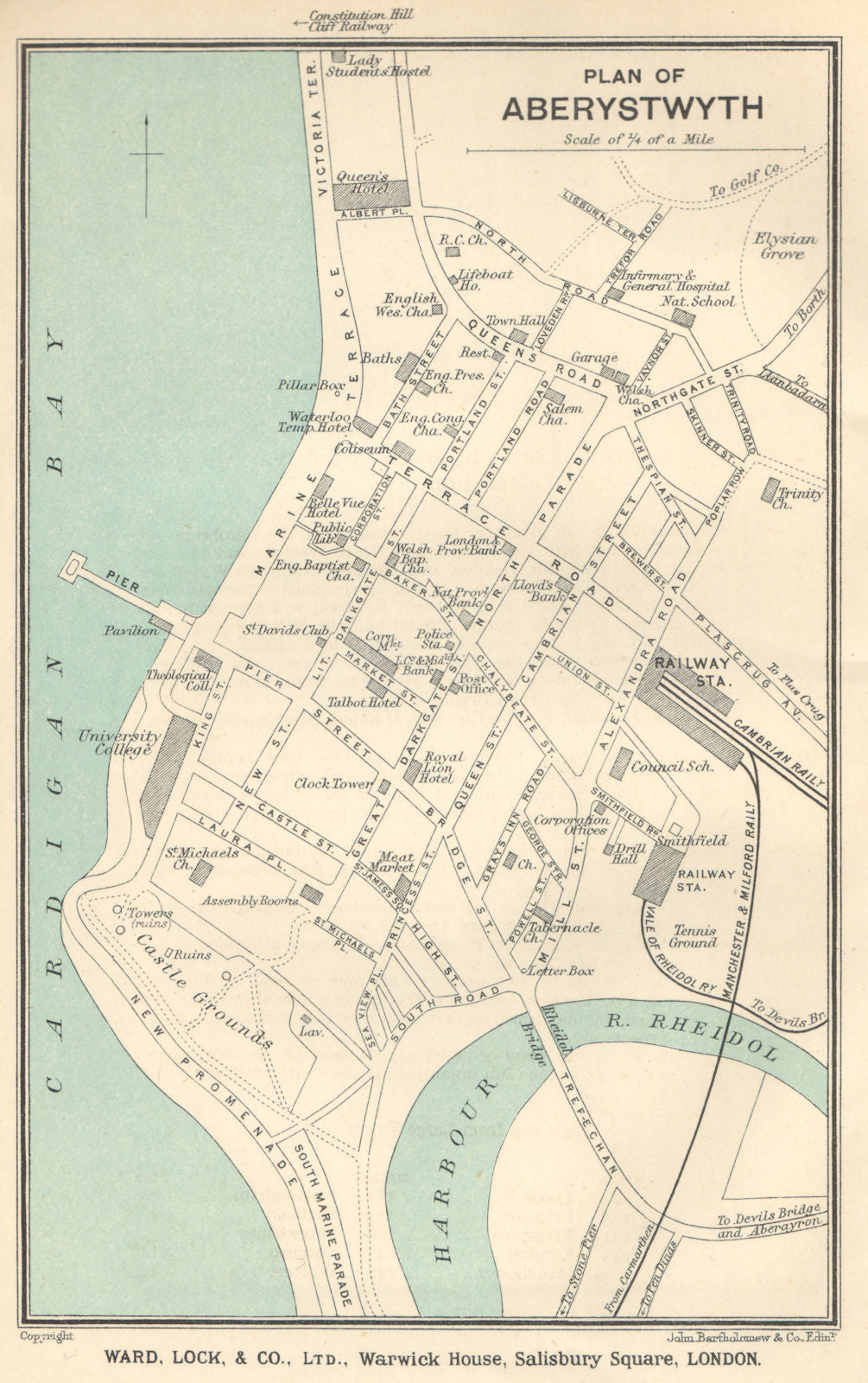 ABERYSTWYTH vintage town/city plan. Wales. WARD LOCK 1919 old antique map